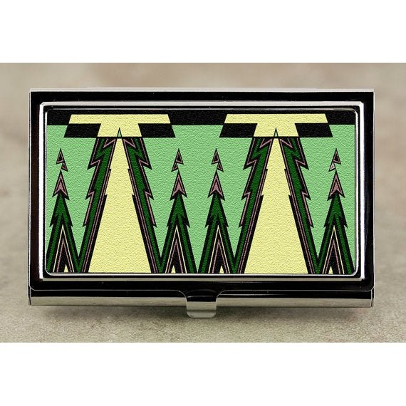 Handmade Art Deco Green Business Card Case in Vintage Style - Silver